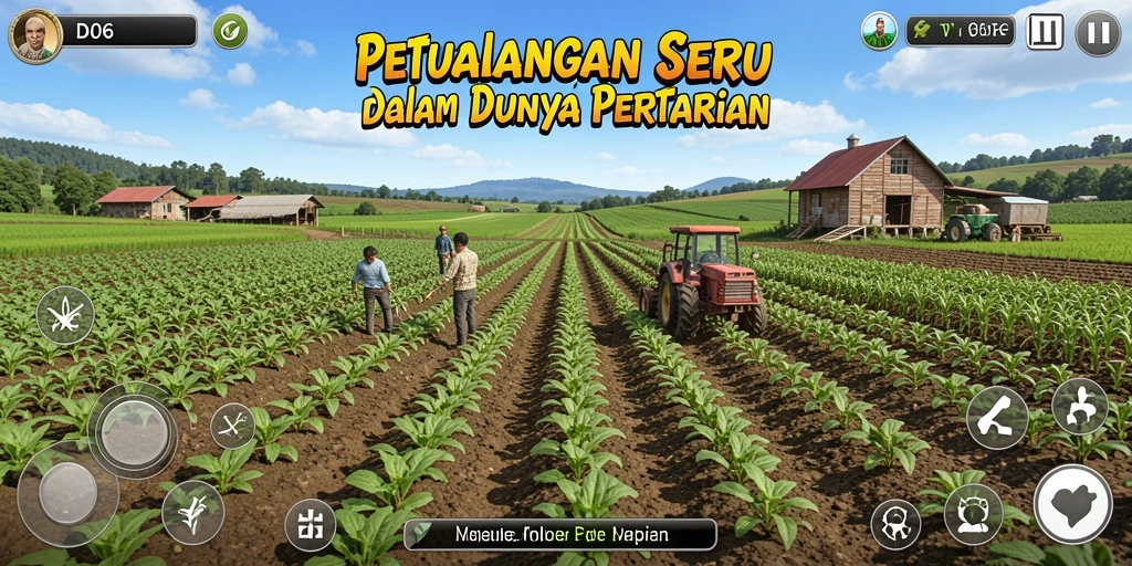 Tangkapan layar D06 menampilkan petualangan seru bertani dengan nuansa ceria.