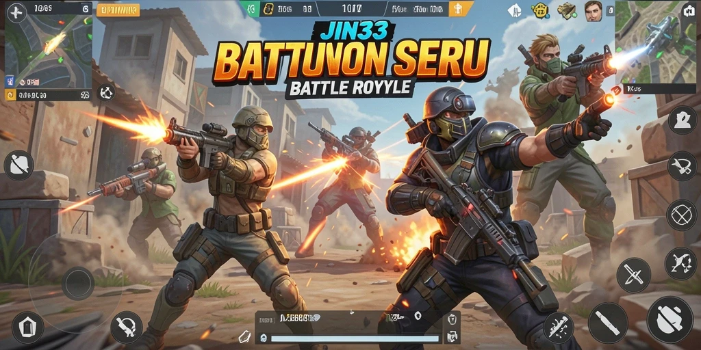 Screenshot utama JIN33 menampilkan aksi seru Battle Royale dengan pemain yang bertarung.
